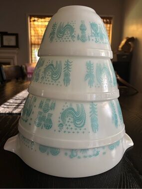 Vintage Pyrex White Blue Amish Butterprint Round Mixing Bowls Set Of 4